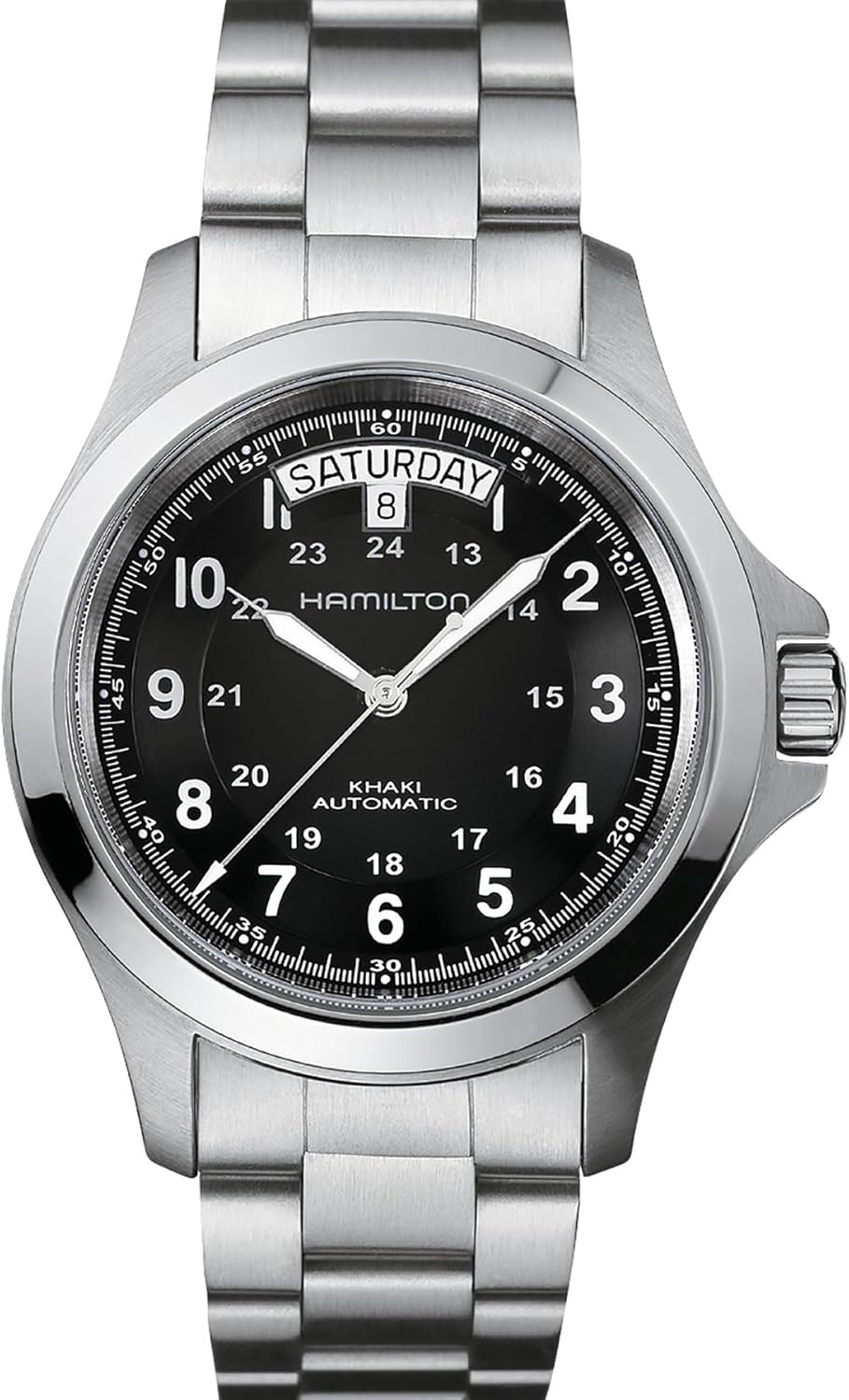 Hamilton Watch Khaki Field King Auto | Swiss Made | 40mm Stainless Steel Case | Black Dial Analog Watch | Silver Stainless Steel Bracelet (Model: H64455133)