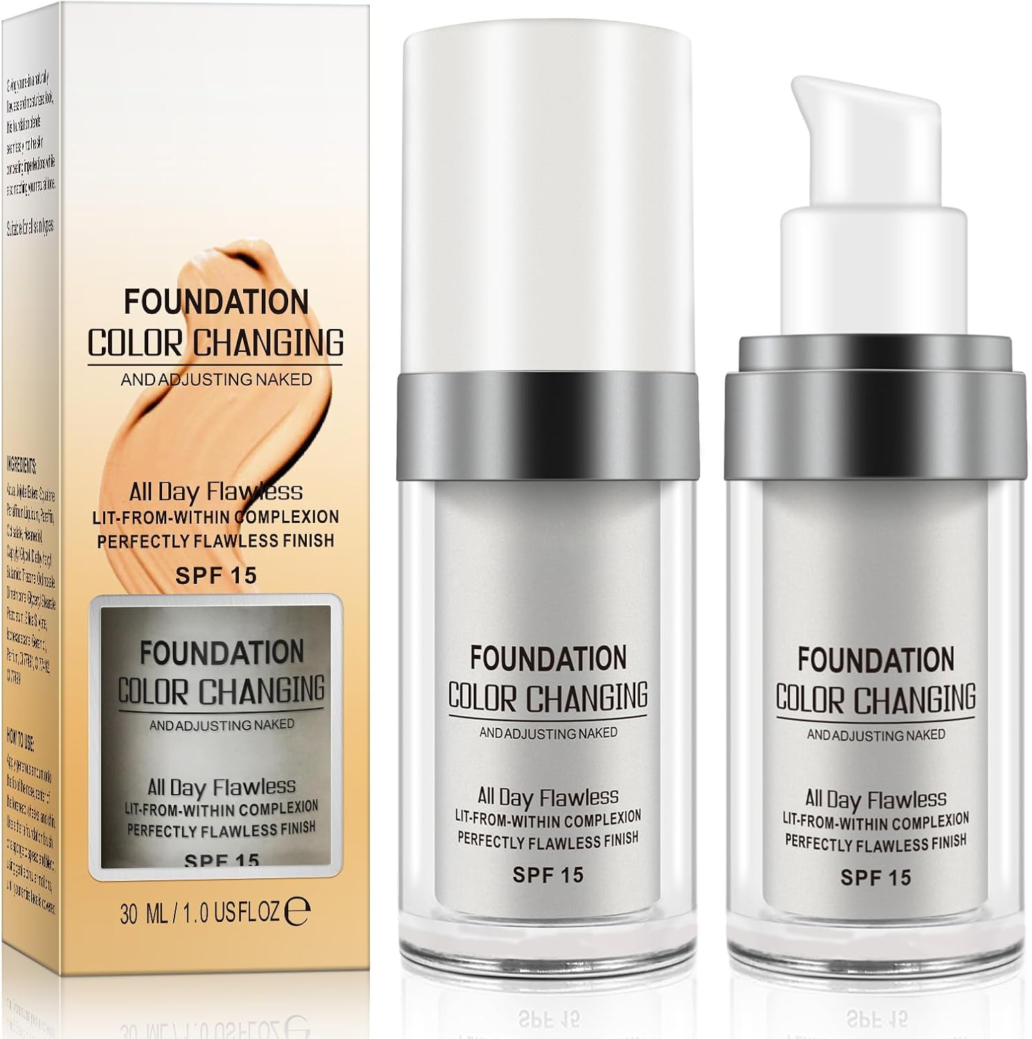 Color Changing Foundation, Colour Changing Foundation for Mature Skin, Long Lasting Waterproof Makeup Base Nude Face Cover Concealer Cream SPF (30 ml,2 Pack)
