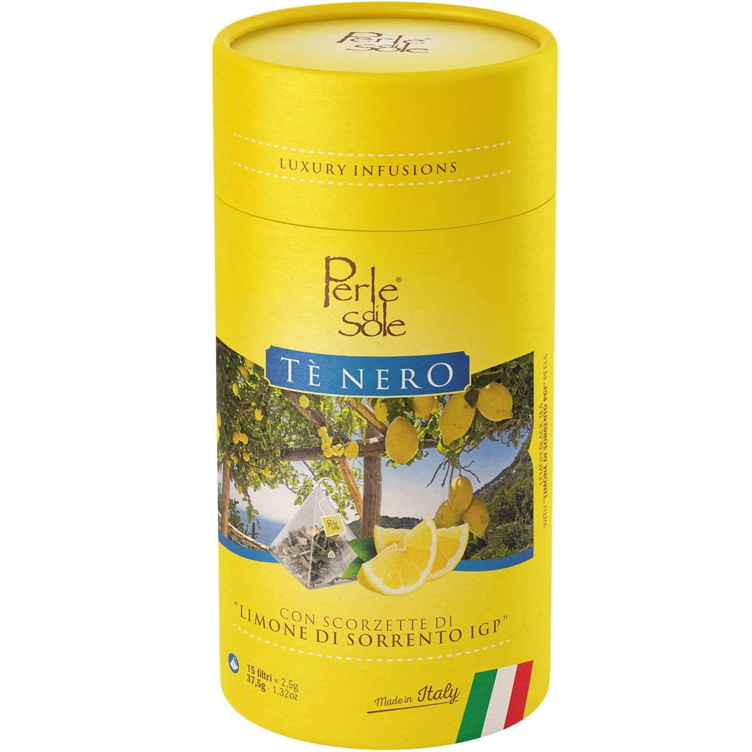 Perle di Sole Lemon Black Tea with Sorrento PGI Lemon - Made in Italy Gift - Citrus Infuse - Lemon Tea - Italian Souvenirs (15 Tea Bags)