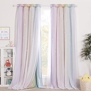 NICETOWN Kids Curtains Teen Girl Bedroom Decor, Stars Cut Out Rainbow Stripe Blackout Drapes with Sheer Curtains 63 inch Length for Living Room/Nursery (2 Panels, 52 inches Wide, Rainbow)