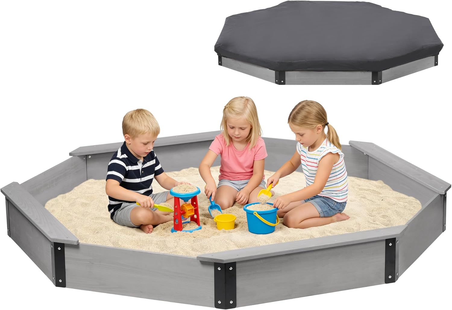 85''x78''x9'' Wooden Octagon Sandbox with Cover, Large Sandpit for Kids Outdoor Patio Backyard Play, Easy & Quick Assemble