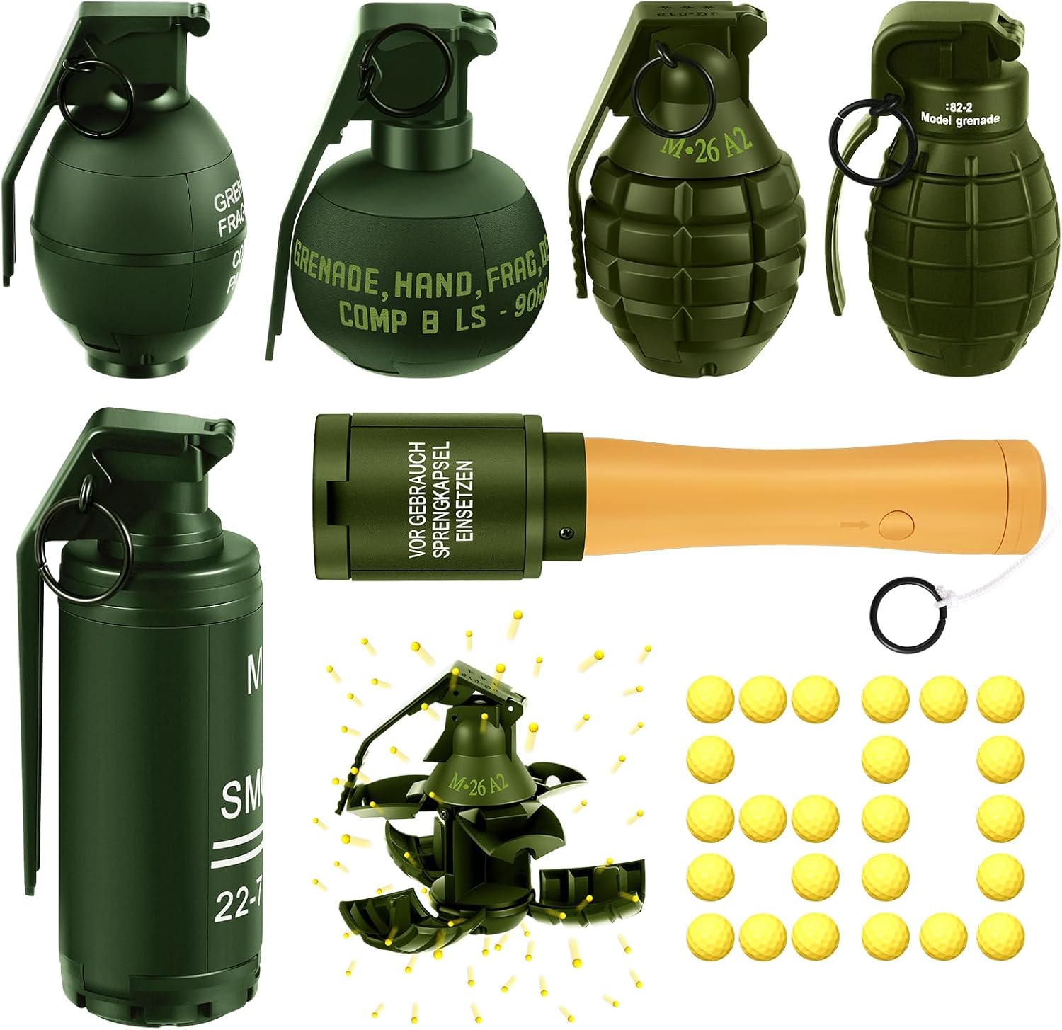 Sratte 6 Pcs Toy Hand Grenade for Tactical Game with 60 Foam Ammo Fun Impact Pull Ring Grenade Toys for Adults Outdoor Sports(Green)