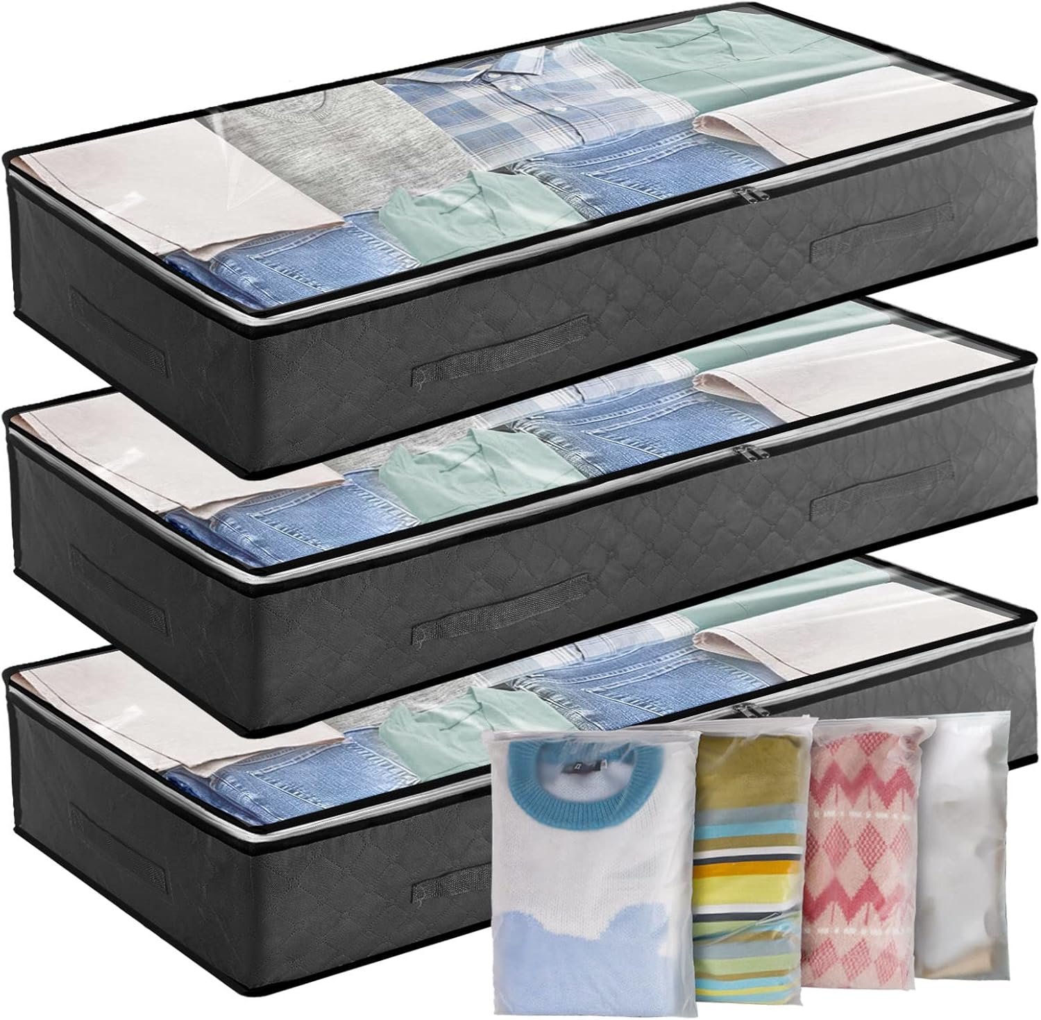Underbed Storage Bag 3Pack 90L Large Under Bed Storage Box with 4 x Large Zip lock Bags with PVC Window for Clothes, Duvets, Comforters, Blankets, Bedding