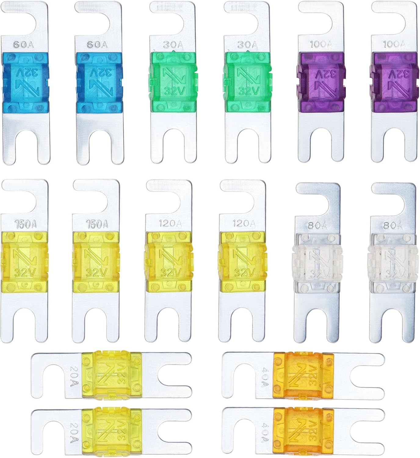 eMagTech Pack of 16 Mini ANL Fuse Electronic Fuse 20A 30A 40A 60A 80A 100A 120A 150A DC 32V for Marine Energy System Electric Hybrid Vehicle Car Radio DC Motor