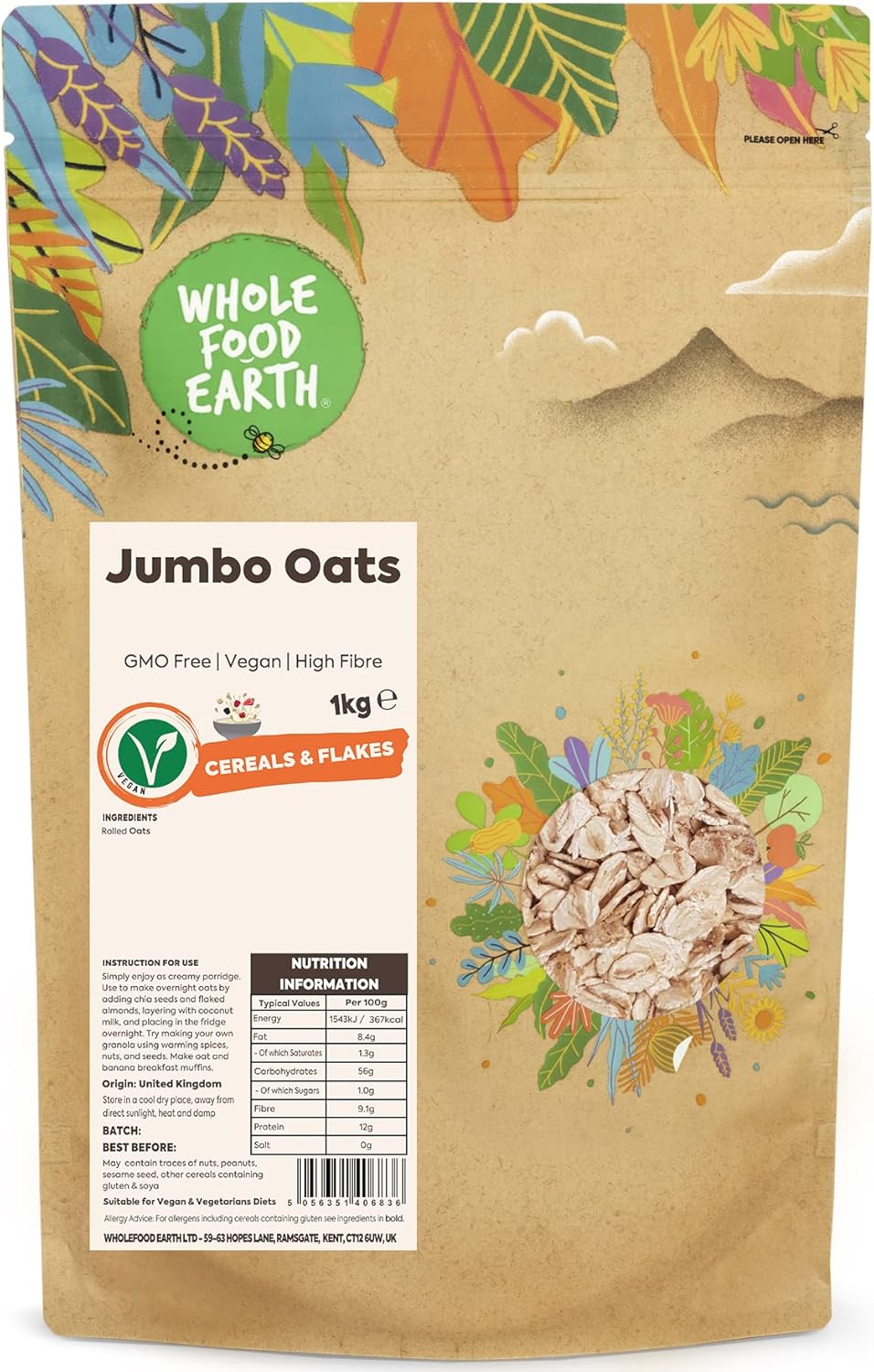Wholefood Earth Jumbo Oats 1 kg | GMO Free | High Fibre | Packaging may vary