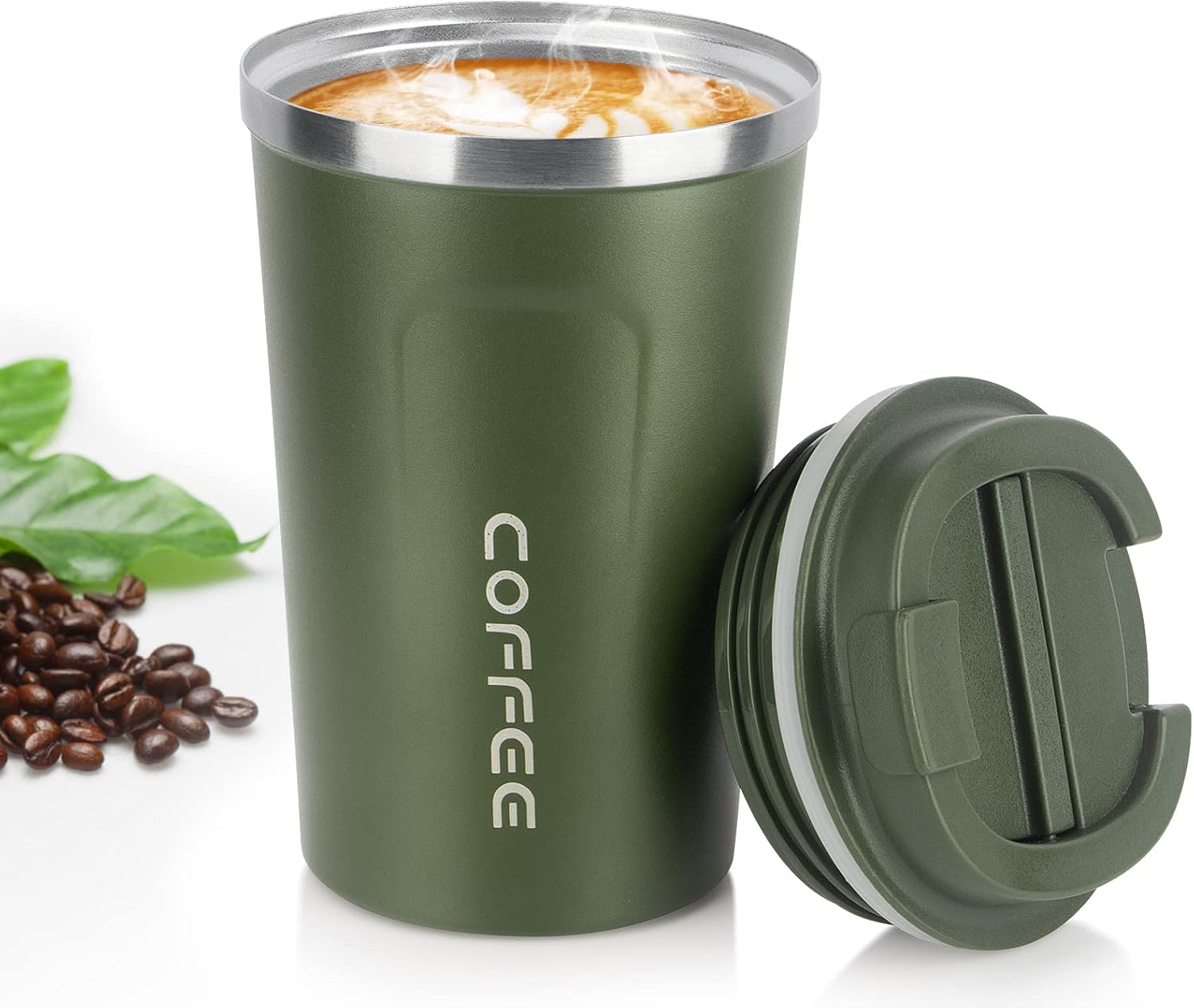 MOMSIV Coffee Cup, 380ml Vacuum Reusable Leakproof Double Wall Coffee Cup, Insulation Stainless Steel Eco-Friendly Travel Office Mug for Hot Coffee Tea and Cold Drinks (Green)