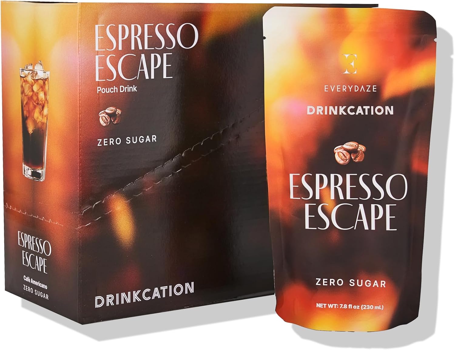 EVERYDAZE Drinkcation Zero Sugar Espresso Escape, Ready to Drink Liquid Coffee | Korean Convenience Store Drink | Medium Roast, Unsweetened, 7.8 fl oz Pouches x (10 Pack), Colombian Bean, Low Calorie