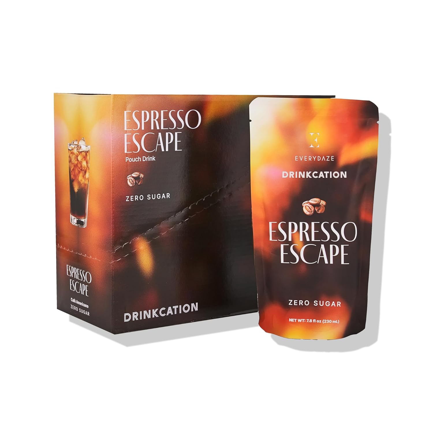 EVERYDAZE Drinkcation Zero Sugar Espresso Escape, Ready to Drink Liquid Coffee | Korean Convenience Store Drink | Medium Roast, Unsweetened, 7.8 fl oz Pouches x (10 Pack), Colombian Bean, Low Calorie
