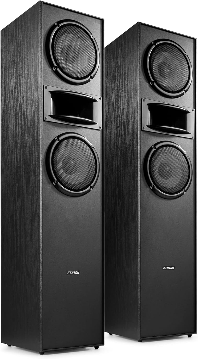 Fenton SHF700B Floor Standing Speakers Pair, 400W HiFi Loudspeakers, 3-way Stereo Tower Speakers with Dual 6.5" Woofers & Horn Tweeter, Black Wood