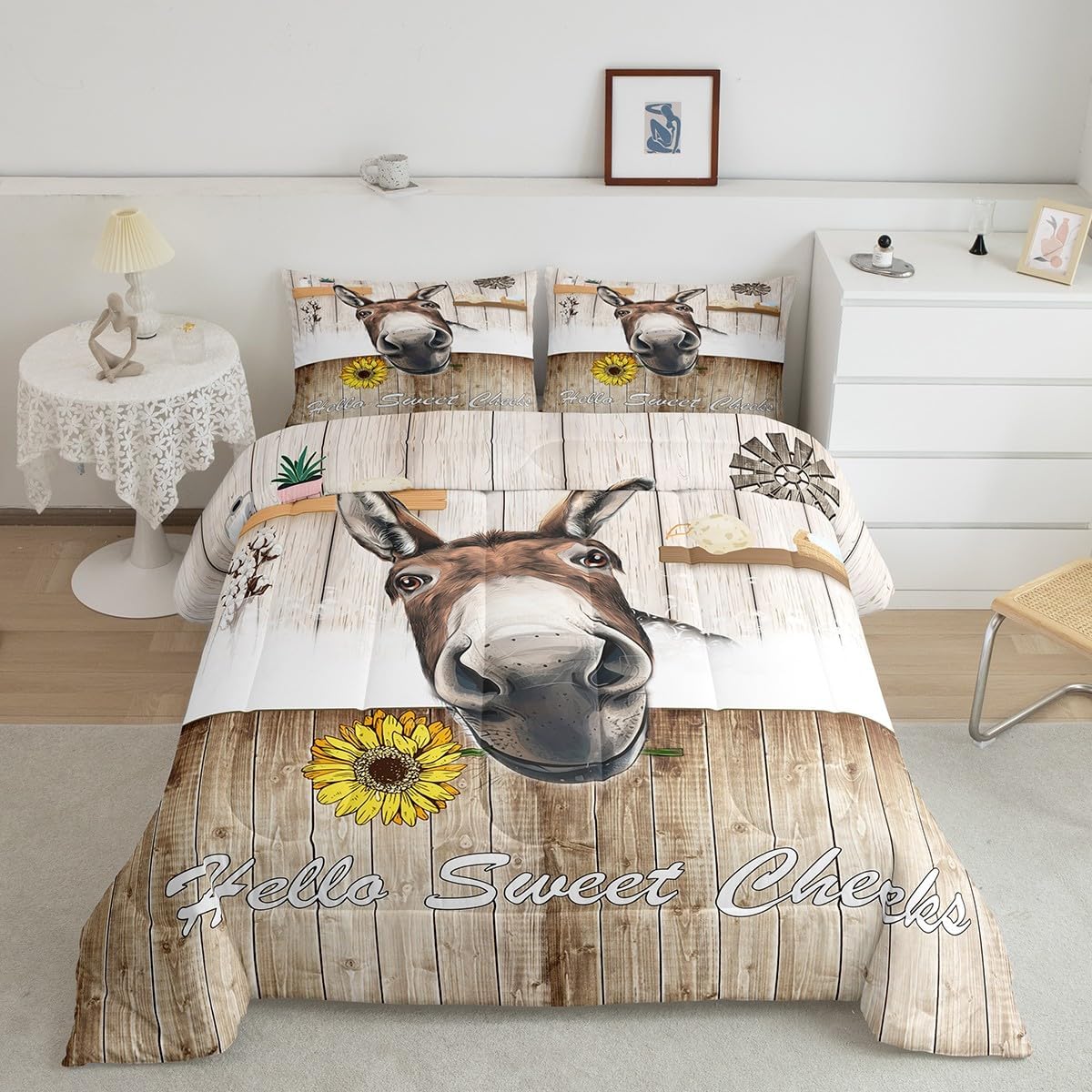 Manfei Cute Donkey Comforter Set Queen Size, Farm Animal Theme Bedding Set 3pcs for Kids Boys Teens Bedroom Decor, Rustic Style Wooden Stripe Print Quilt Set with 2 Pillowcases
