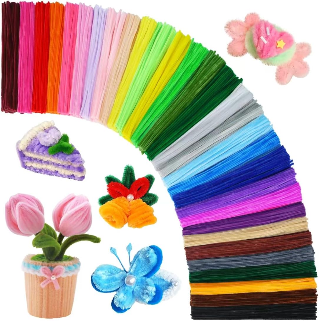 GAGANIU 1200pcs Craft Pipe Cleaners, 24 Colors Chenille Stems with Flowers Manual for Crafts – 12 inch x 6mm Craft Supplies for DIY Projects, Art Activities, Decorations & More