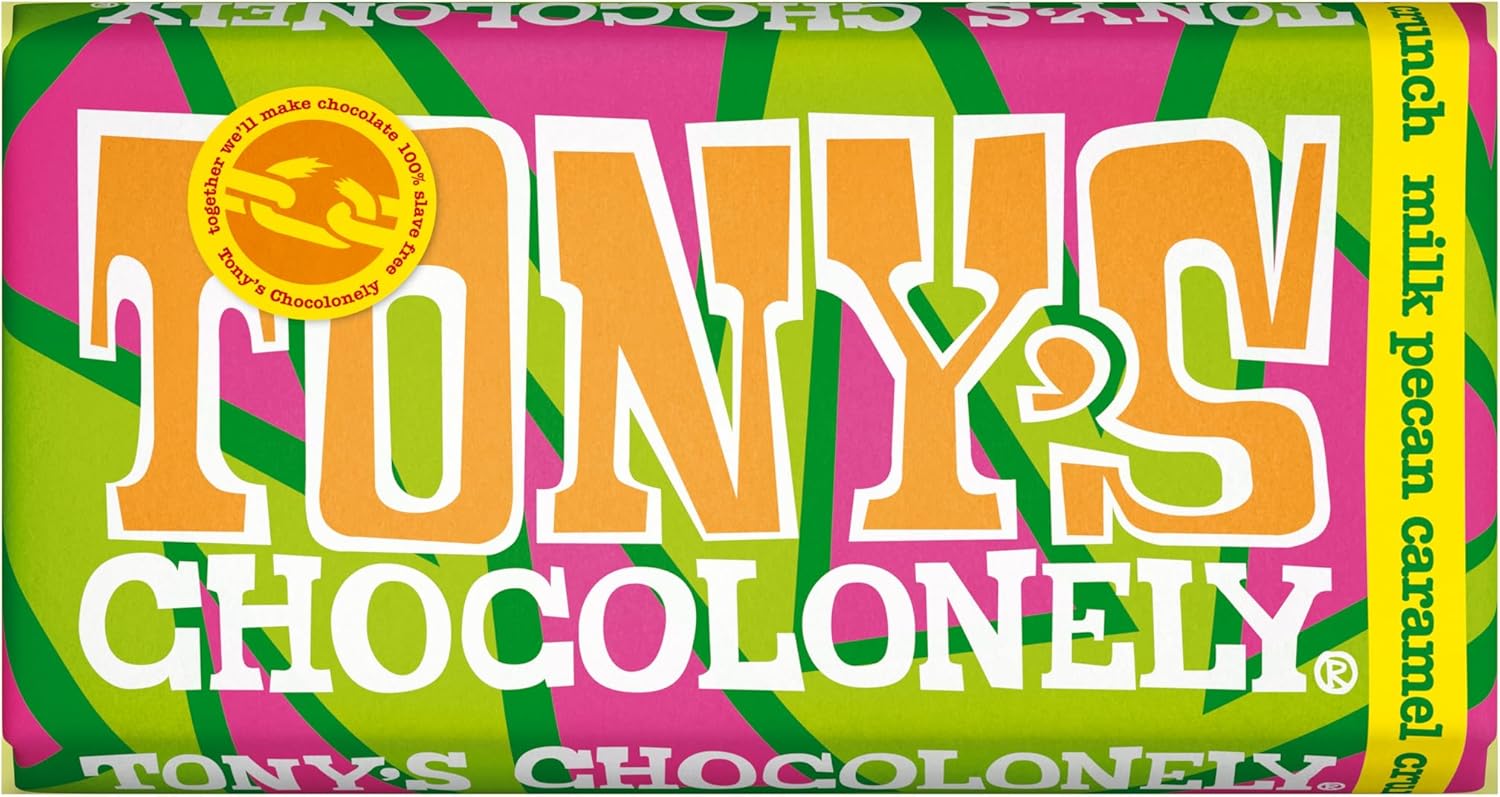 Tony's Chocolonely Milk Chocolate Pecan Crunch Bar - 180g, Gift, Vegetarian - Belgian Fairtrade Chocolate