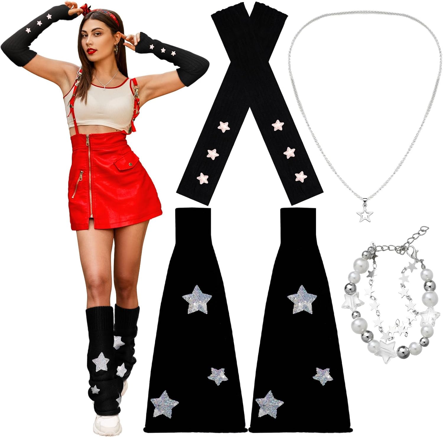 Pack of 4 Y2k Accessories Set Gyaru Cloth Jewelry Accessories Set Star Necklace Bracelet Silver Y2k Leg Arm Warmers Kawaii Japanese Harajuku Outfits Fashion Aesthetic for Girls Women