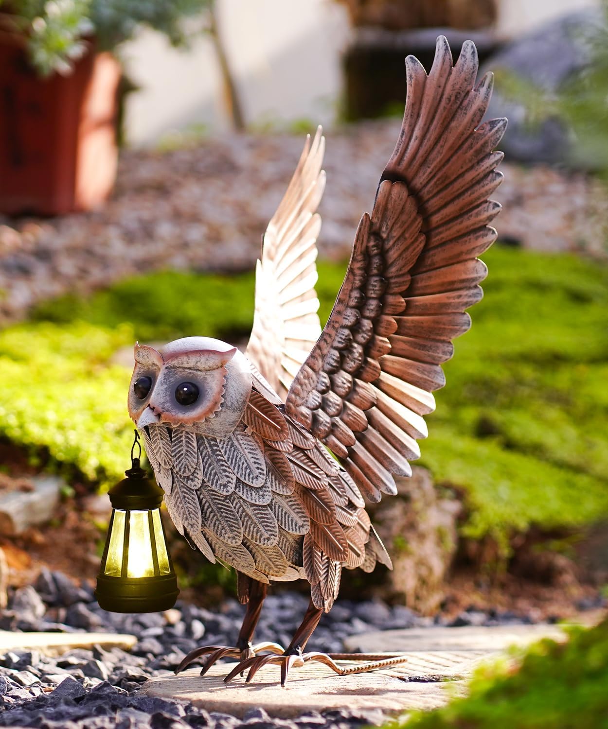 Nacome Garden Owl Statue for Yard Art : Metal Outdoor Sculptures with Solar Lantern for Clearance Lawn Decor for Patio/Balcony/Front/Outside Decorations– Garden Gifts for Dad Mom Women Grandma