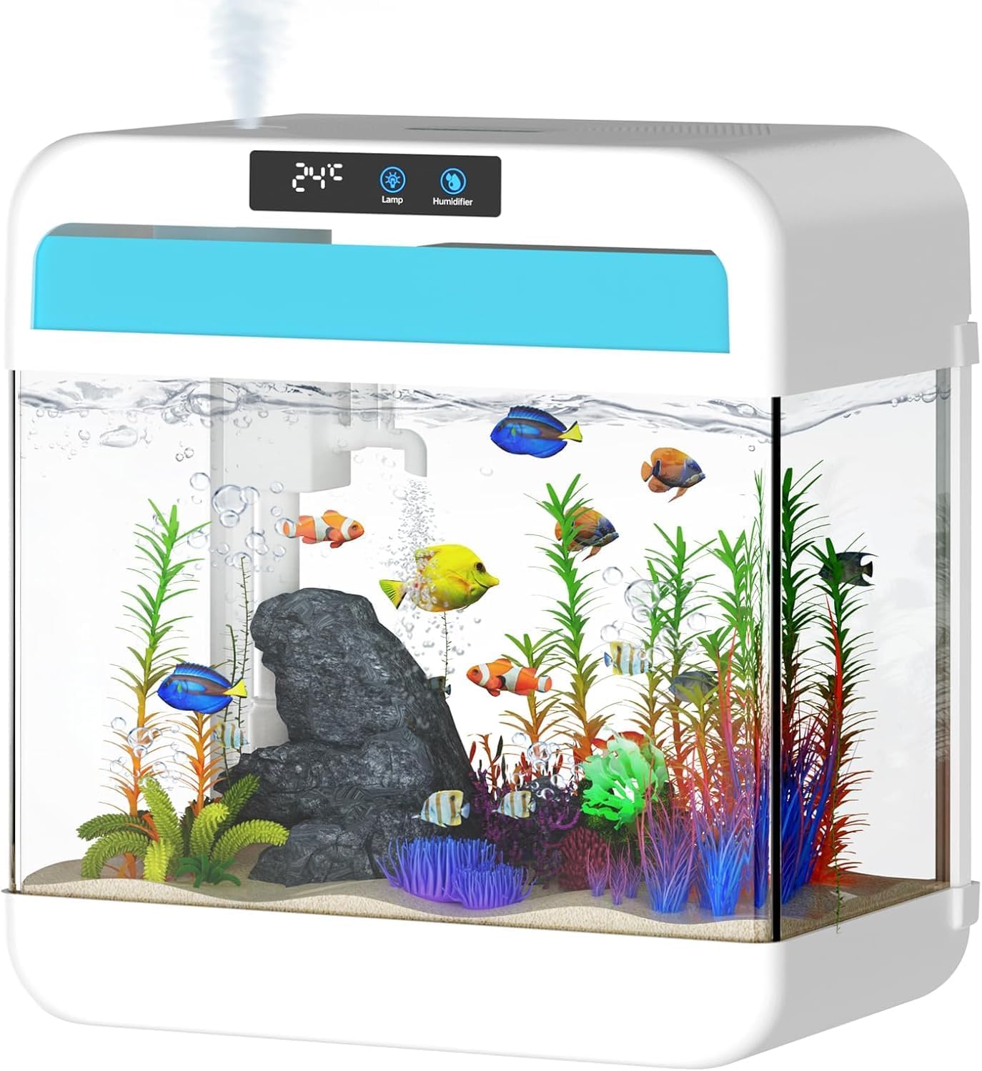 Fish Tank Aquarium 2.2 Gallon with Humidifier 7 Color Auto-Looping Light, Fish Bowl with 3 in 1 Pump - Filteration & Oxygenation & Circulation, Temperature Display, HD Float Glass, Thickened Base