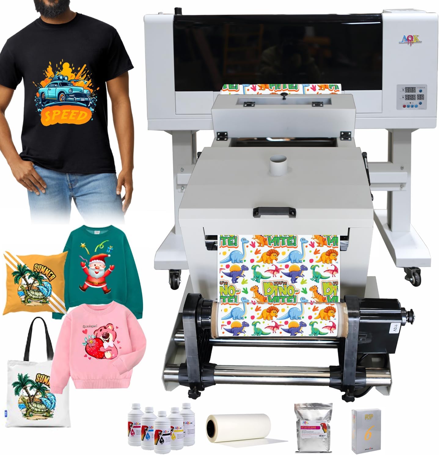 AOK DTF Dual XP600 Print Heads A3 Size(13 Inches) DTF Printer with Auto Continuous Powder Shaker Heater Ink/Film/Powder/Rip Software Bundle US Technician Support