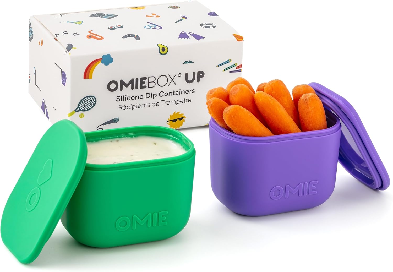 OmieBox UP (2 Pack) Leakproof Dips Containers to Go, Salad Dressing Container, Condiment Container with Lids - Food Safe Silicone - 4.5 Ounces (Purple/Green)