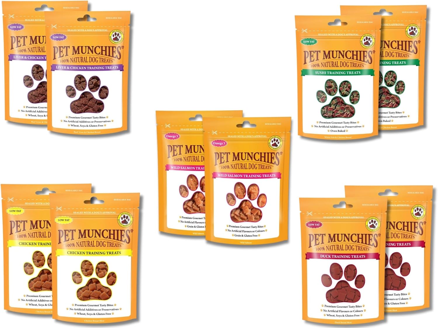 Pet Munchies Training Treats Mixed Pack of 10 Salmon, Chicken & Liver, Duck, Sushi - All 5 varieties pack BQS UK Trademark