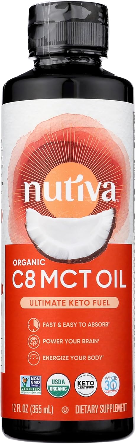 Nutiva Organic MCT Oil C8. 12 Fl Oz. Unflavored Medium Chain Triglycerides from Non-GMO Coconut. Ultimate Keto Fuel, Pure MCT Oil for Coffee, Low Carb, Energy and Metabolism Support