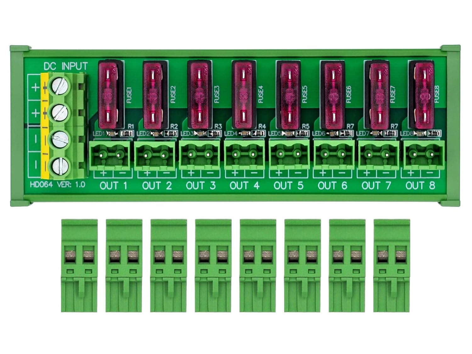 DIN Rail Mount DC 5-32V 8 Channel Pluggable Side Wiring Terminal Block Power Distribution Fuse Module, HCDC HD064RT