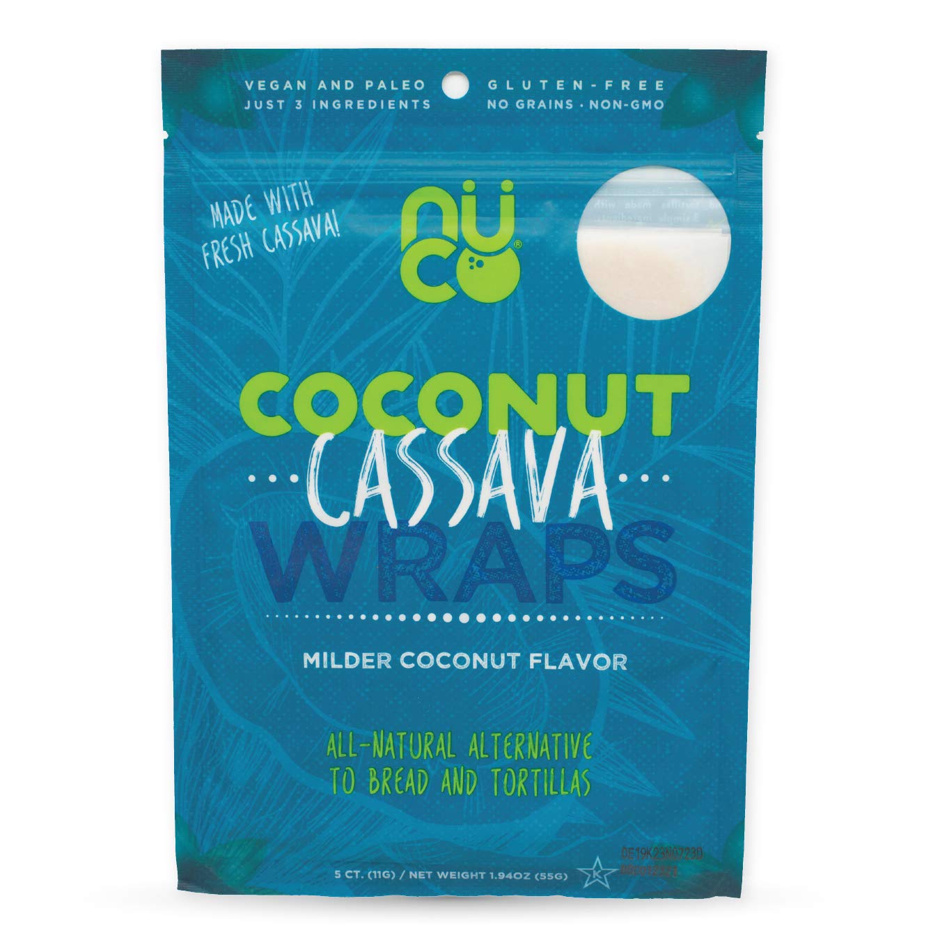 All Natural, SHELF STABLE, Paleo, Gluten Free, Vegan Non-GMO, Raw Veggie NUCO Coconut Cassava Wraps. Crafted with Fresh Cassava, Milder Coconut flavor, Low Carb and Yeast Free 5 Count