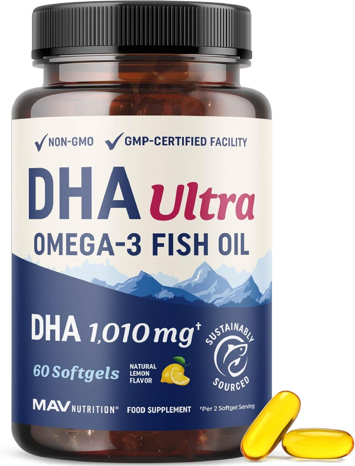 DHA Ultra 1,010MG | Prenatal Development, Brain & Cognitive Health Support | Omega 3 Fish Oil | 1,414MG Total Omega-3s | High Strength DHA Supplements | Sustainably Sourced, Gluten-Free | 60 Ct.