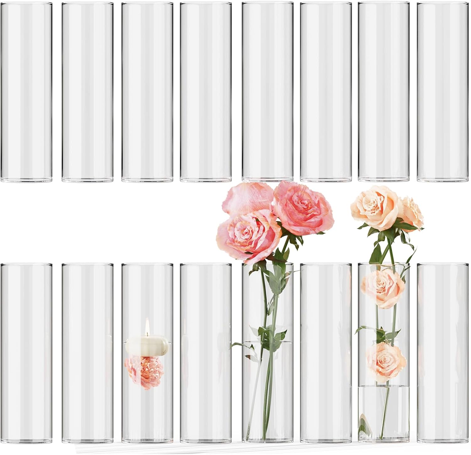 SUREHOME Glass Cylinder Bud Vases for Centerpieces Set of 16 Bud Vase in Bulk 8 in Tall Clear Small Vases W:2.2" Tiny Modern Single Stem Mini Vases for Flowers Wedding Table Party Home Aesthetic Decor
