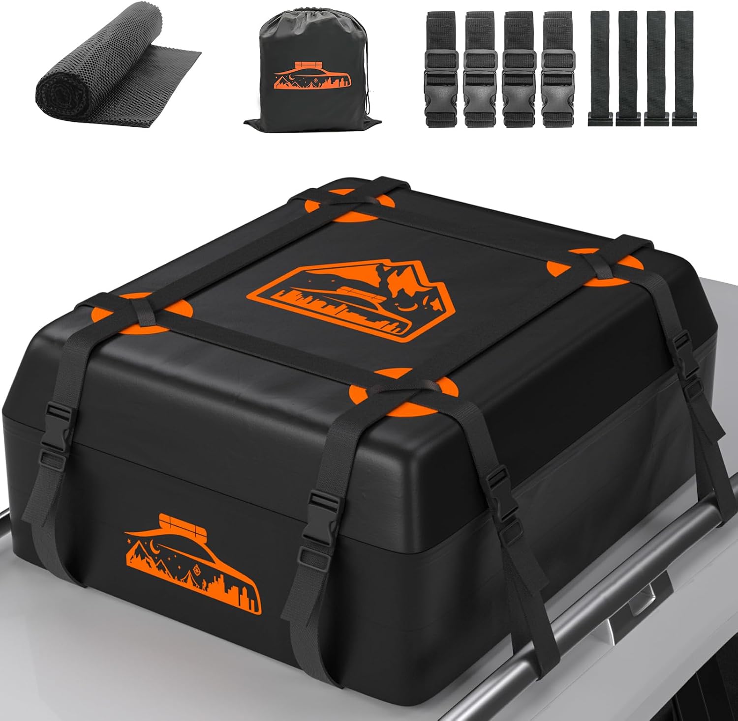 BOYUJK Car Roof Bag, Waterproof Car Roof Bag no Rack Needed, Car Roof Box with Anti-Slip Mat and 6 Heavy-Duty Straps, Folding Soft Roof Bag for Cars with/Without Rack (15 Cubic/425 L)