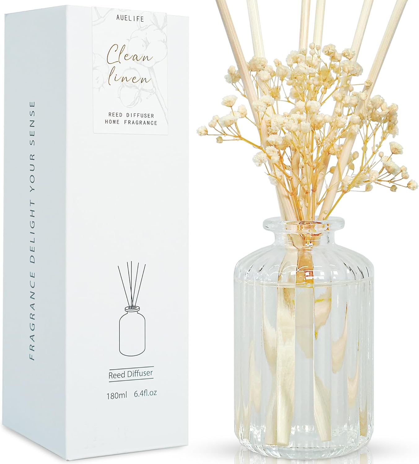 Auelife Reed Diffuser Set, 6.4 oz Clean Linen Scented Diffuser with Sticks Preserved Real Flower Reed Diffuser Home Fragrance Essential Oil Reed Diffuser for Bathroom Shelf Decor Accessories