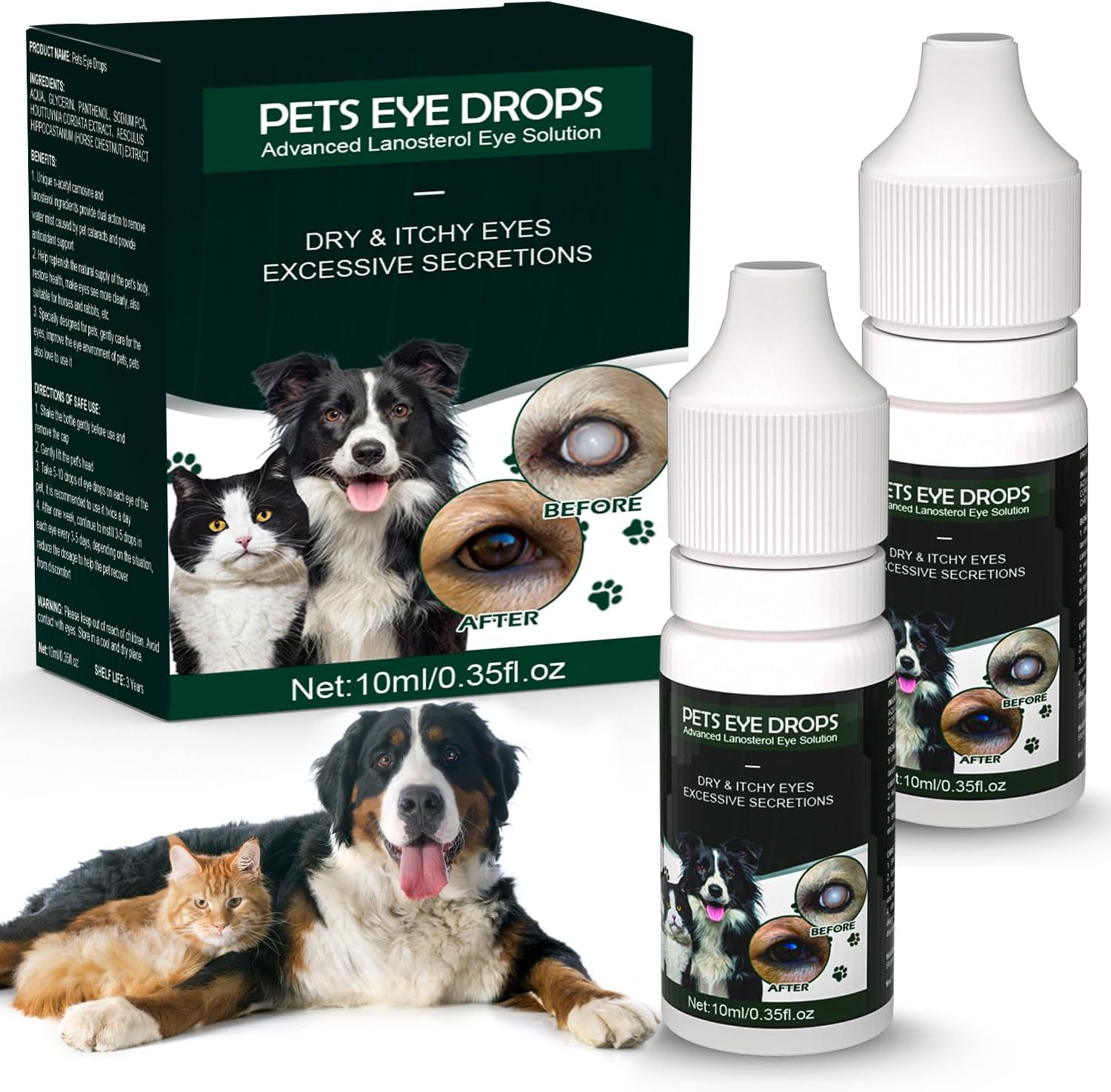 Cataract Drops for Dogs, Pet Dog Eye Drops for Relieving Eye Itching and Irritation, Removing Eye Stains, Superior Comfort Long, Improving Clarity - All Natural Pet Eye Health Care (2 X 10 ml)