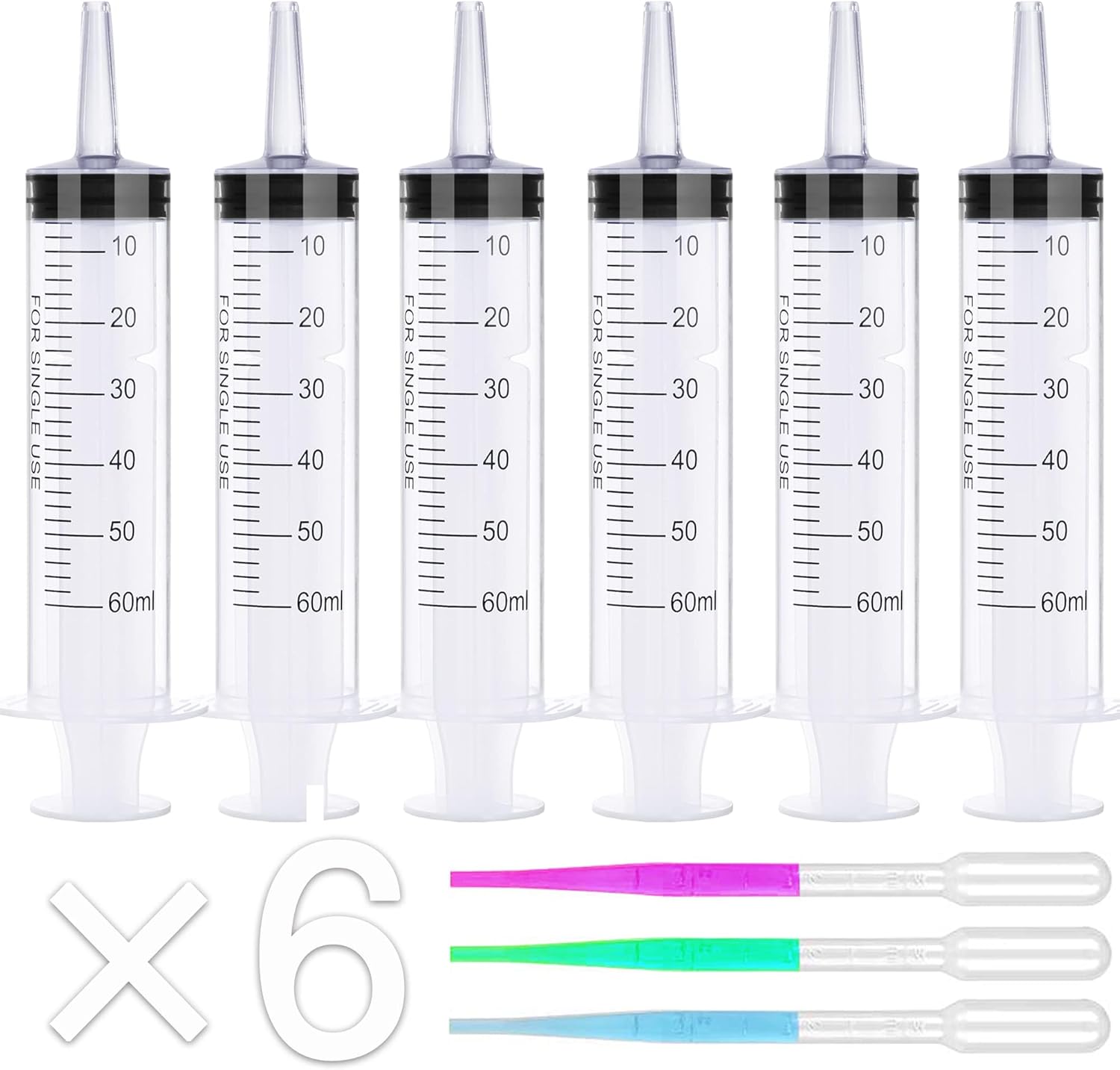 6Pack 60ml Syringe for Liquid - Large Plastic Syringes Without Needle for Jello Food Thick Liquids and Irrigation Water, Lip Gloss Filling, Feeding Dogs Meds, Measuring ( 6 Pack 60 ml / cc )