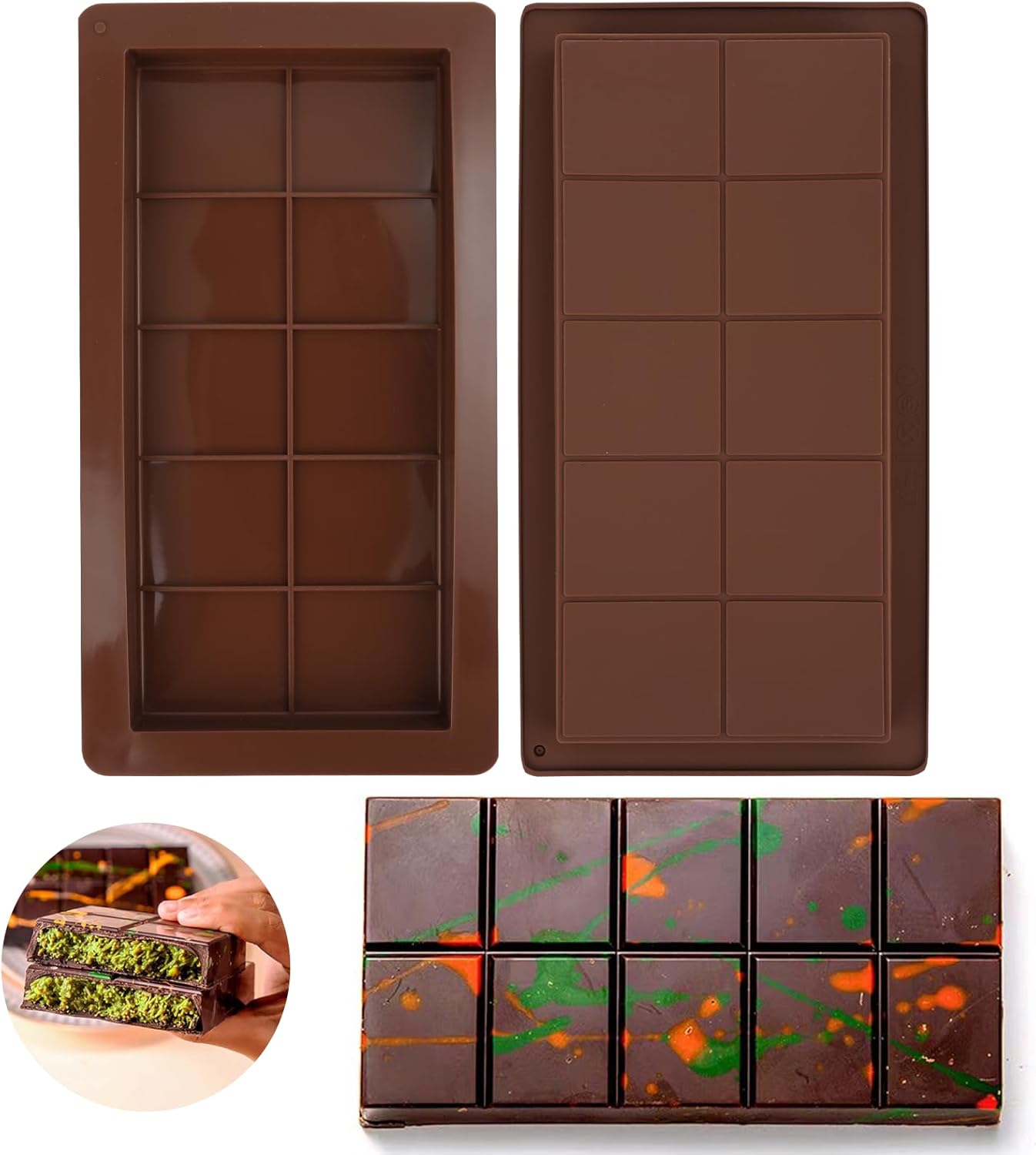 1 Inch Deep Dubai Chocolate Bar Molds, 2PCS Silicone Chocolate Bar Molds, Thick Pistachio Chocolate Bar Molds, Large Kunafa Chocolate Bar Molds, Candy Bar Molds for Baking Homemade Snacks