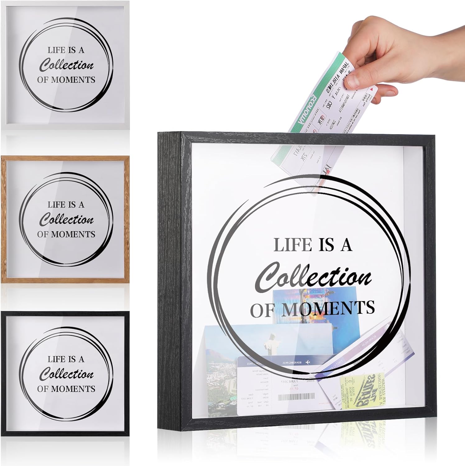 Travel Adventure Challenge Archive Shadow Box Picture Frame with Slot,8&12In Travel Ticket Card Memory Box for Keepsake Box,Top Loading Shadow Box Display Case Travel decor Gift (Black,12x12in