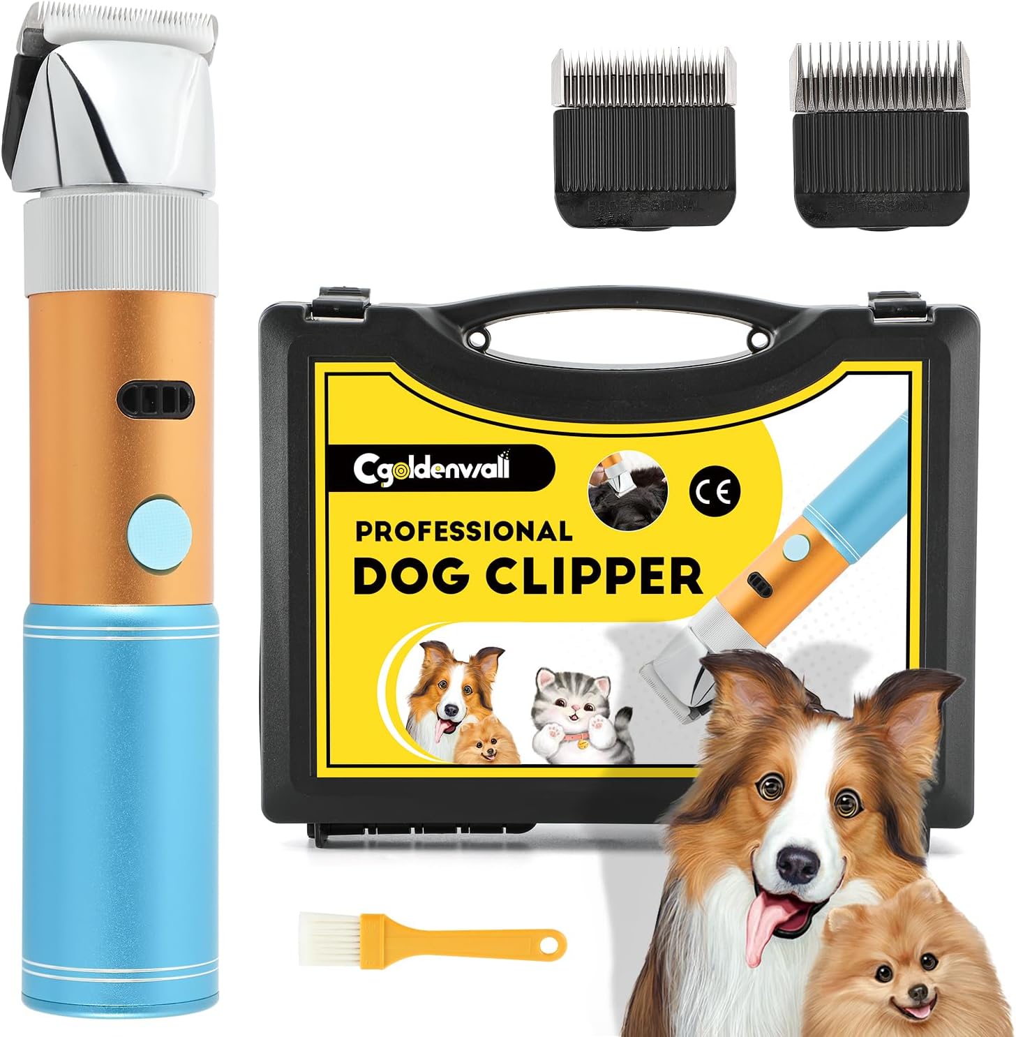 CGOLDENWALL Dog Clipper Cordless 400W Professional Rechargeable Electric Dog Pet Grooming Clipper with 3MM + 6MM Removable Cutting Heads, 5h Standby, Low Noise < 50db, No Fear of Long Hair Clogging
