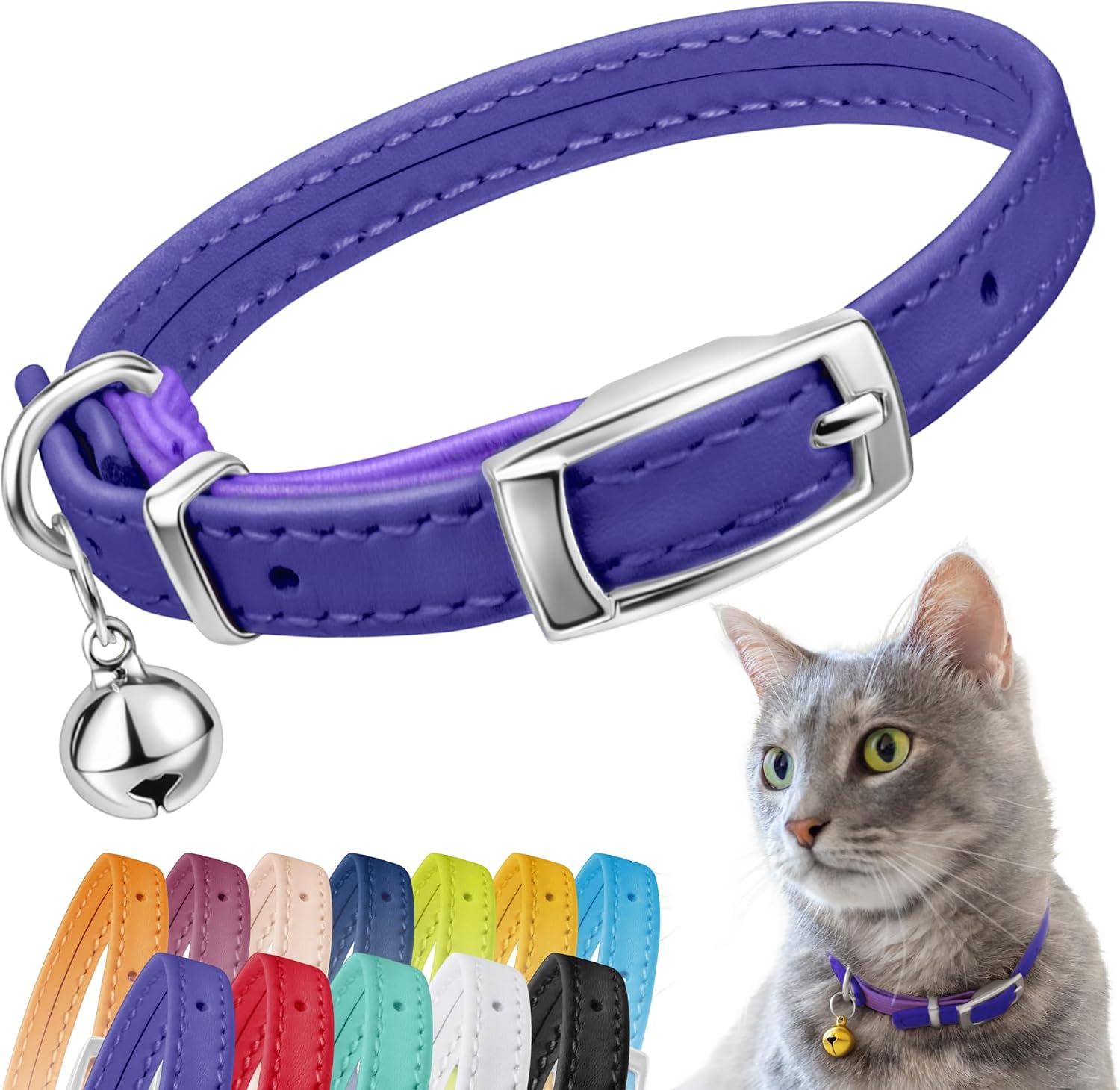 Soft Leather Cat Collar with Safety Elastic Strap - Purple