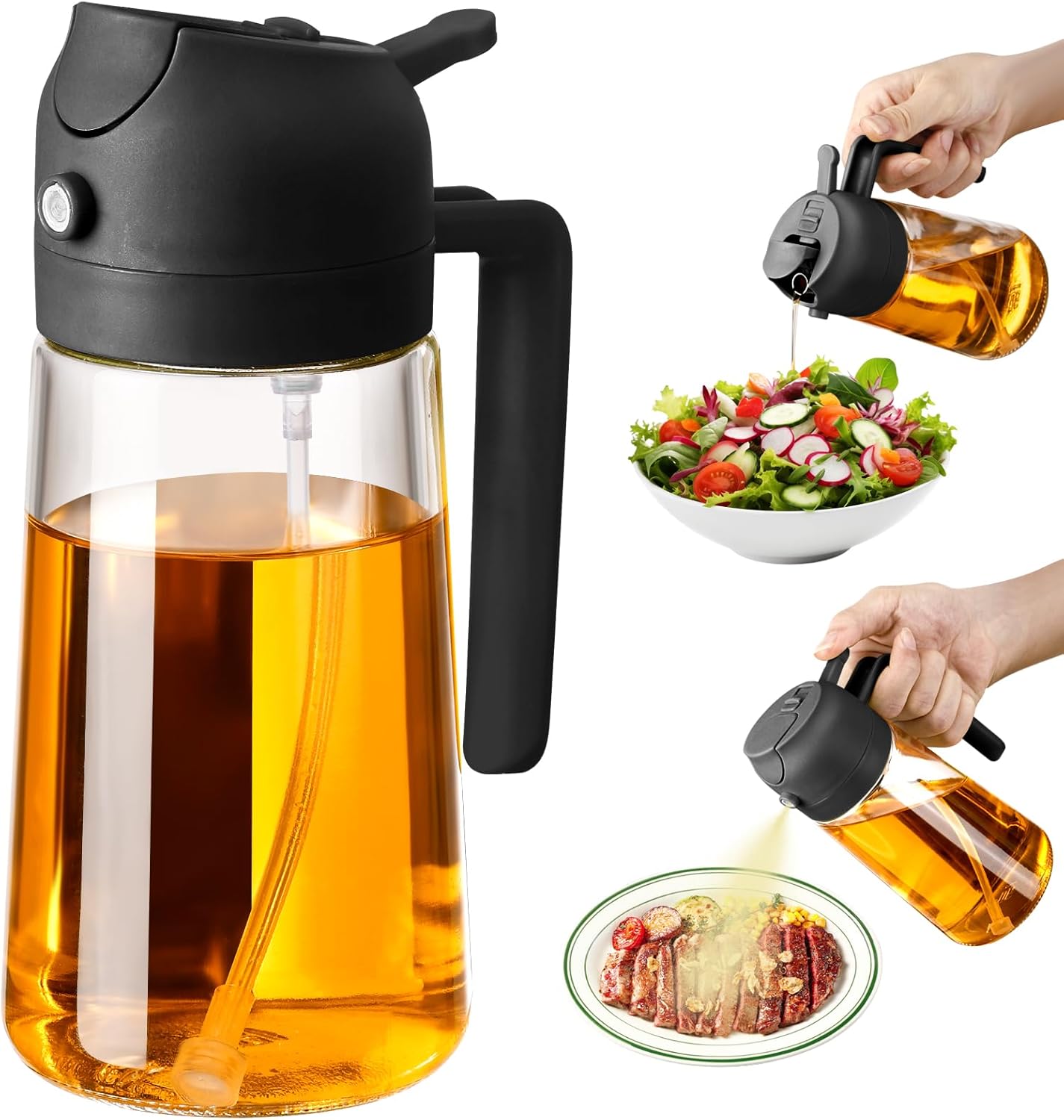 Olive Oil Sprayer for Cooking, 470ml 2 In 1 Glass Oil Dispenser/Pour Bottle, Kitchen Accessories, Kitchen Gadgets for Air Fryer, Salad, BBQ (Black)