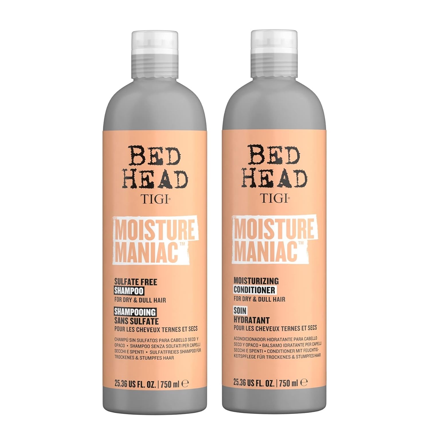 Bed Head by TIGI Sulfate Free Shampoo and Conditioner Set for Dry Hair, Moisture Maniac Hair Care with Argan Oil, 25.36 fl oz, 2 pack