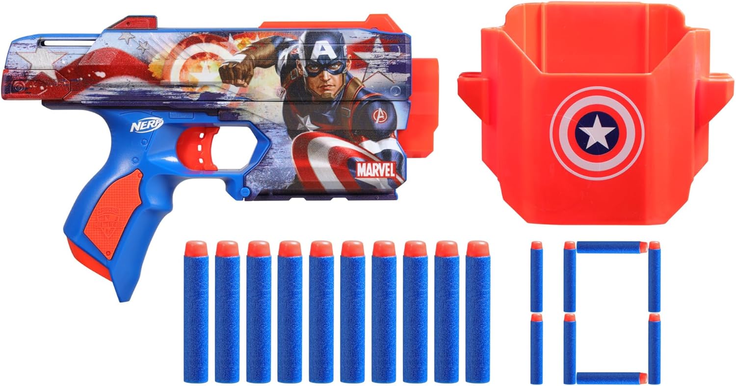 Nerf Marvel Captain America Dart Blaster, 10 Nerf Elite Darts, Holster