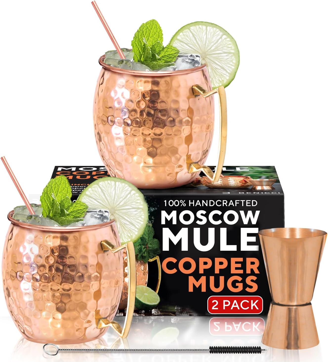 Benicci Moscow Mule Copper Mugs - Set of 2, 100% HANDCRAFTED - Food Safe Pure Copper Solid Mugs - 16 oz Gift Set with Premium Quality Cocktail Straws, Straw Cleaning Brush and Jigger!