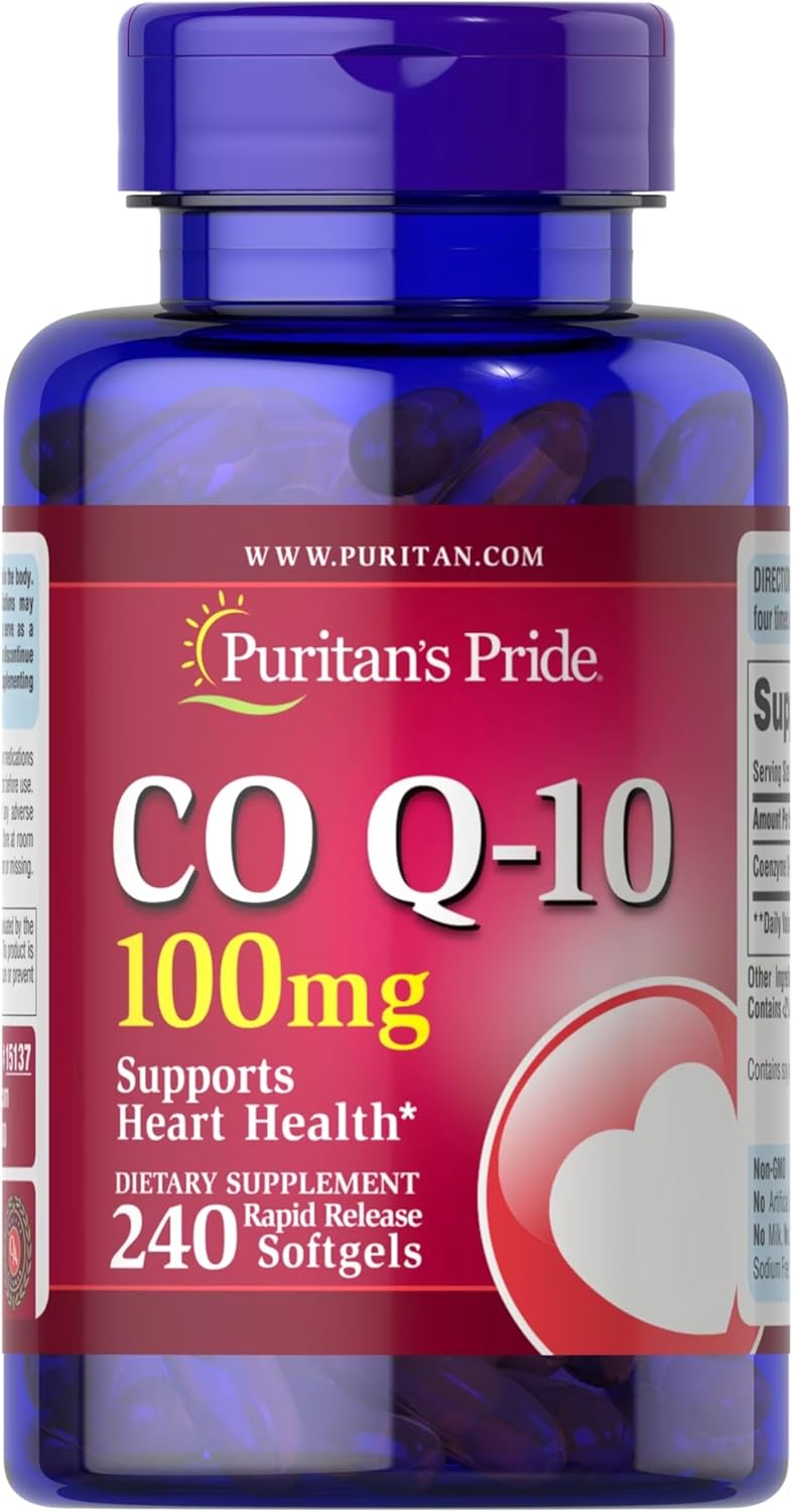Puritan's Pride Coenzyme CoQ10 100mg, Dietary Supplement for Heart Health, Blood Pressure, Oral Gum Health, and Healthy Aging Support, 60 Day Supply, 240 Rapid Release Softgels