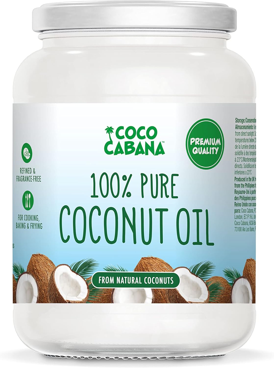 Coco Cabana 100% Pure Coconut Oil 1L, Vegan, Gluten & Dairy Free, Natural Beauty Product, Skin & Hair, Cooking, glass jar, 1000ml