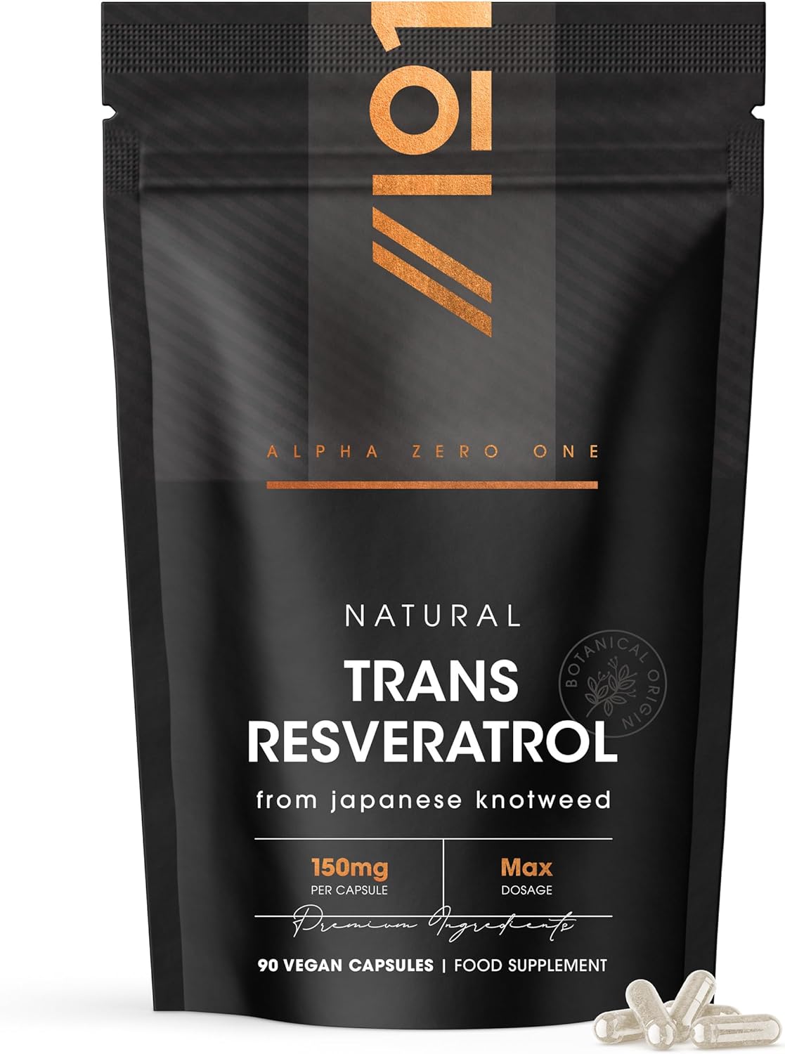 Natural Trans-Resveratrol Max Dosage - 90 Vegan Capsules - from 300mg Japanese Knotweed 50:1 Extract - High Strength Polygonum Cuspidatum Supplement – 3 Months Supply - by Alpha01