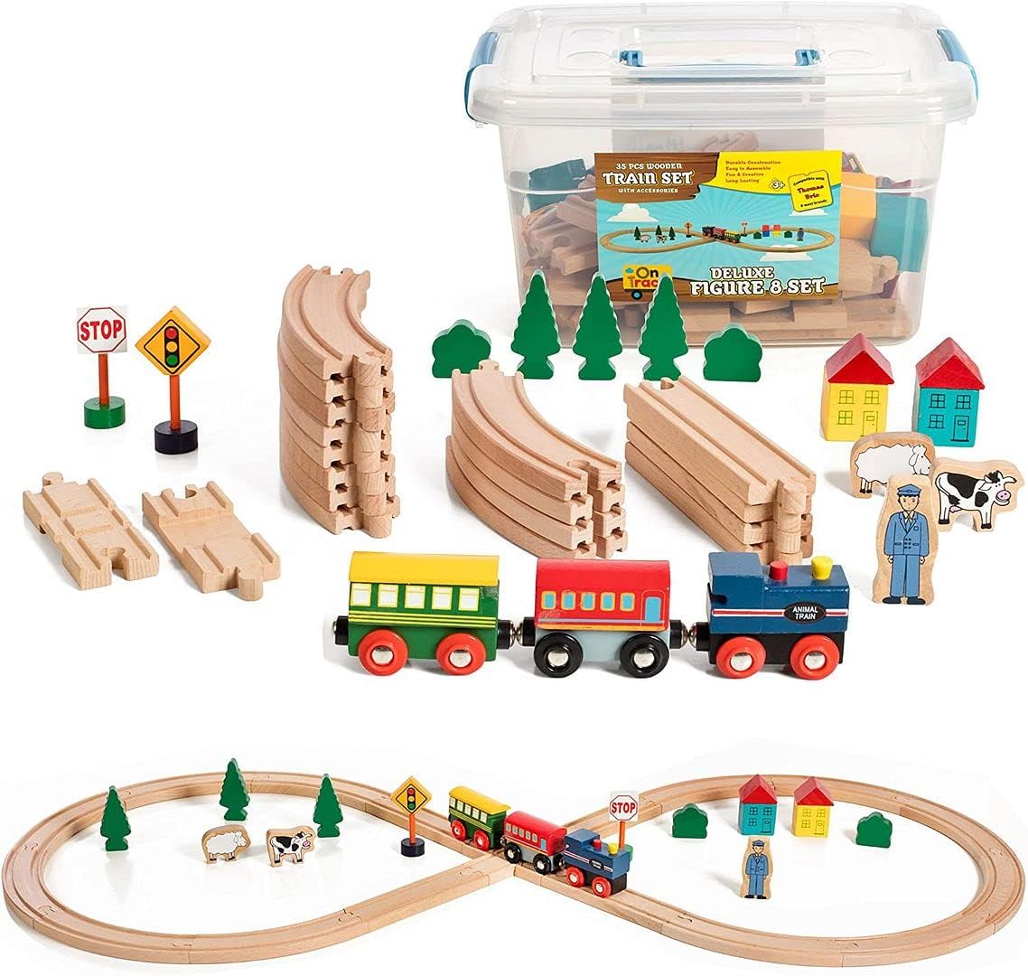 Wooden Train Set 100 Piece All in One Wooden Toy Train Tracks Set with Magnetic Trains and Railway Accessories, Comes in A Clear Container, Compatible with All Major Brands