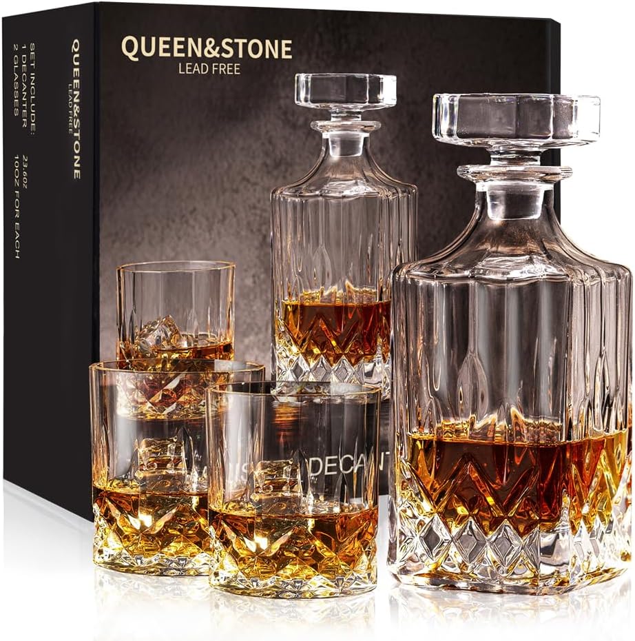 Square 23Oz Whiskey Liquor Decanter Set With 2 Glasses in Box