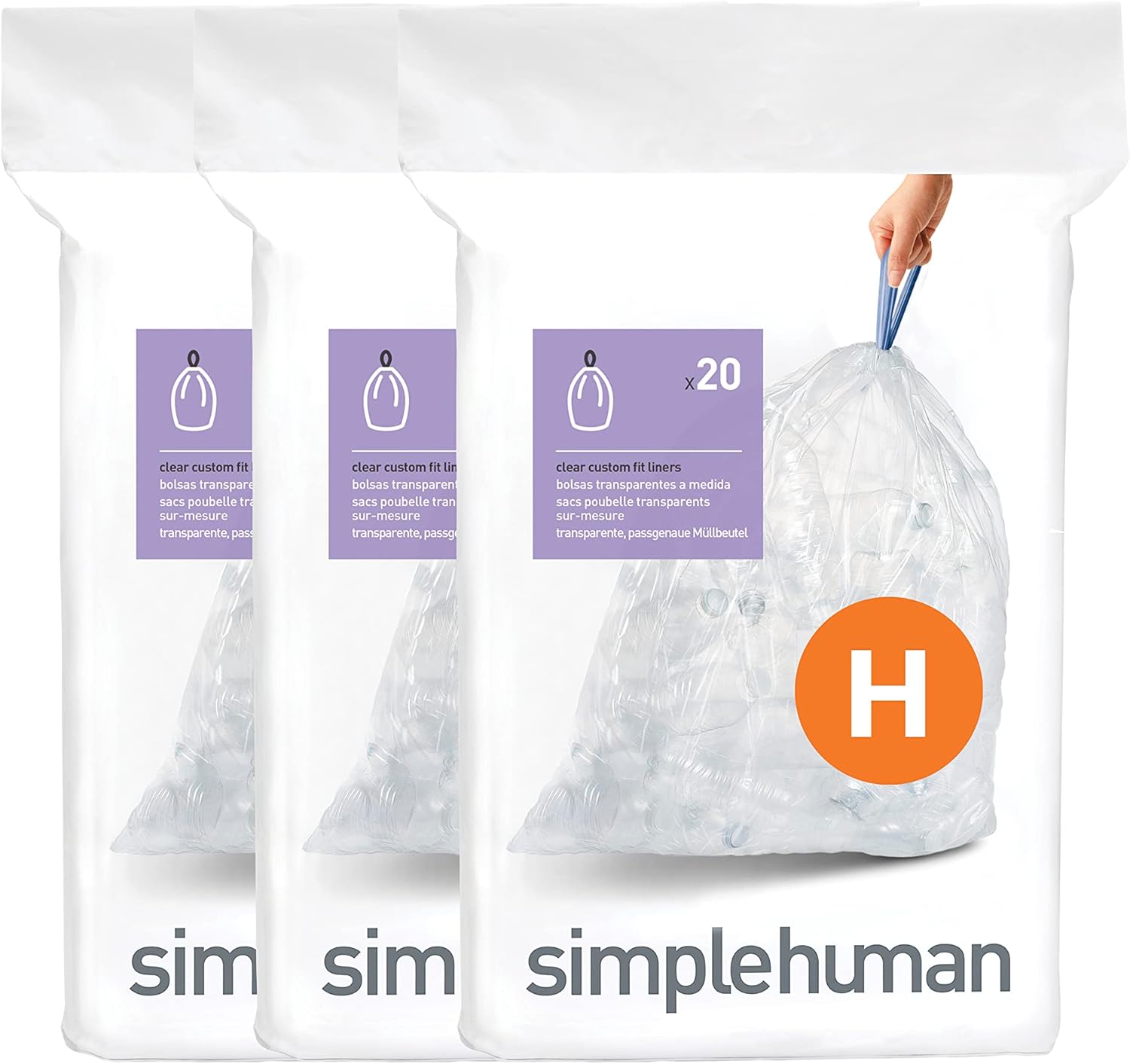 simplehuman CW0286 code H Custom Fit Bin Liner Bulk Pack, Clear Plastic (3 Pack of 20, Total 60 Liners)