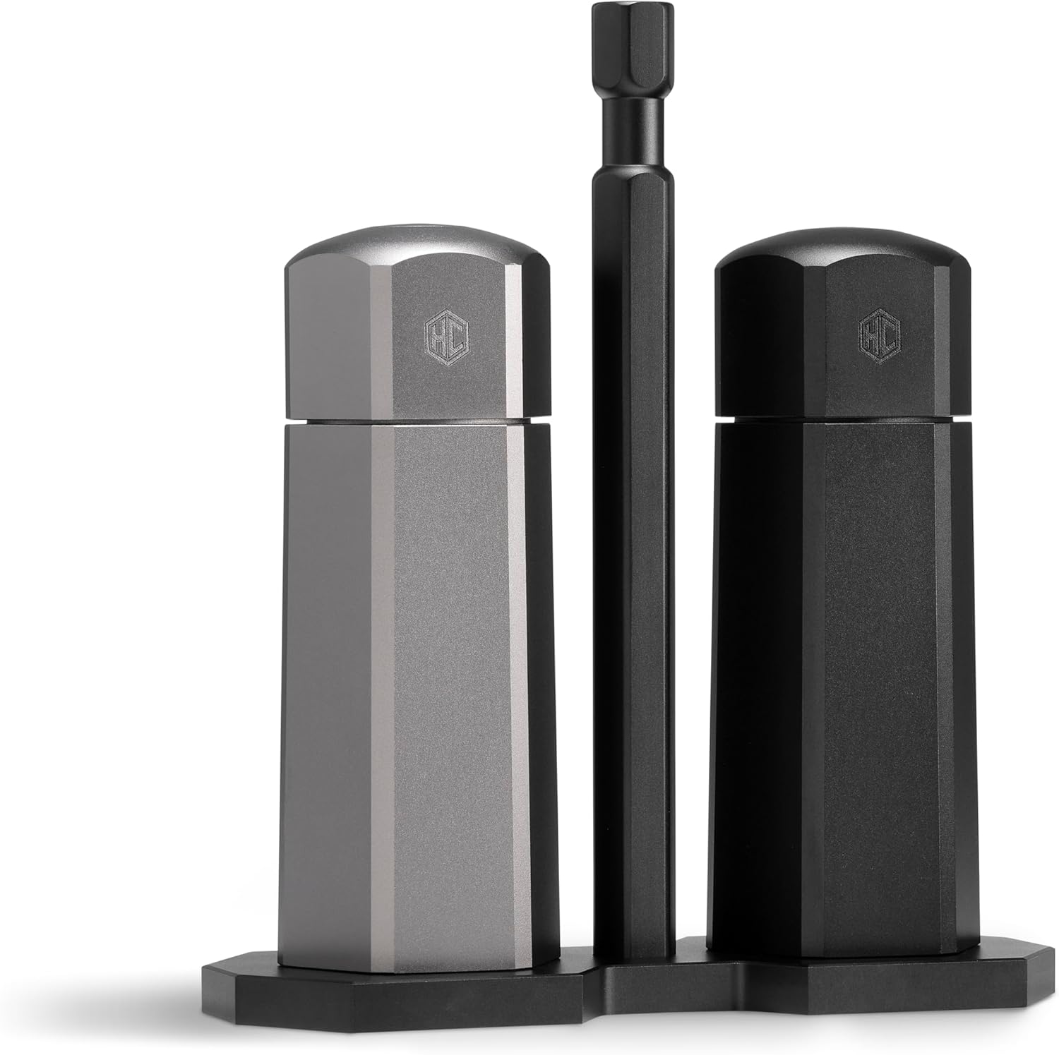 HexClad Tabletop Salt and Pepper Mill Set and Carrying Caddy Holder with Adjustable Coarseness Settings