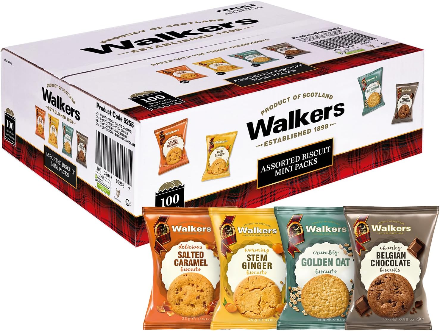 Walkers Shortbread Catering Assorted Biscuit Twin Packs, Golden Oat, Belgian Chocolate, Salted Caramel & Stem Ginger Biscuits (100 x 25g)