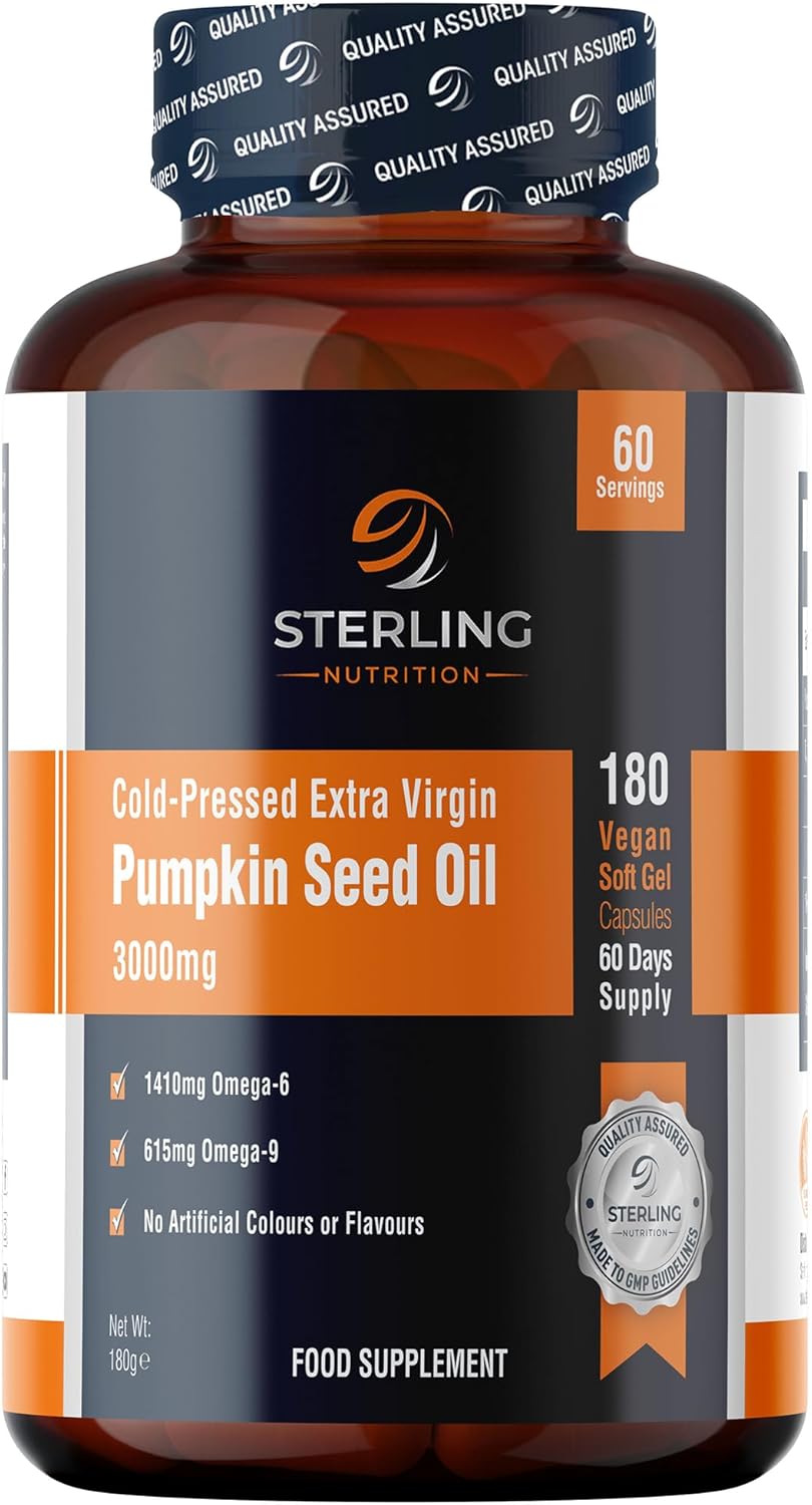 Cold Pressed Extra Virgin Pumpkin Seed Oil Capsules - Vegan Softgels for Adults, 180 Supplements (60 Days) | High Strength 3000mg - Omega 6 & 9 for Prostate, Hair & Heart Support | STERLING NUTRITION