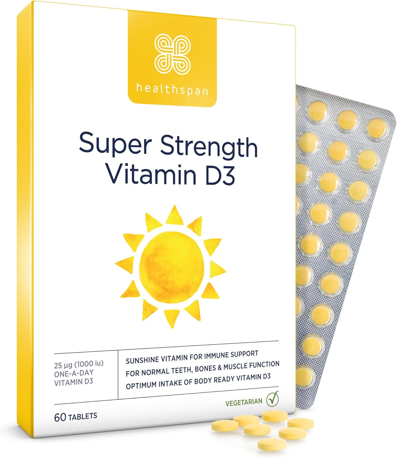 Healthspan Super Strength Vitamin D3 | Immune Health | Bone, Teeth & Muscle Health | Contains 1,000iu of Natural Source Vitamin D3 in Each Tablet | Vegetarian (60 Tablets)