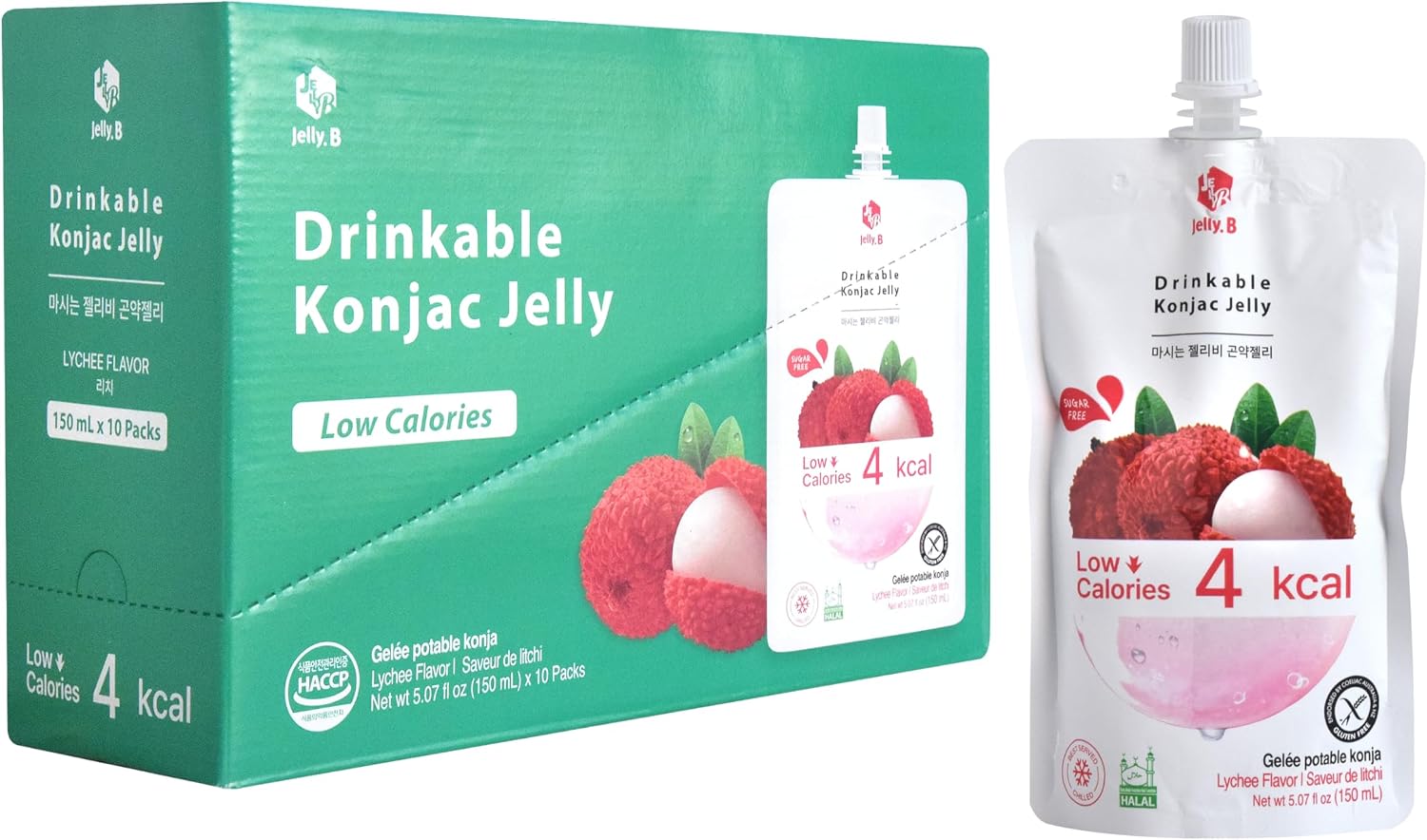 JELLY B Drinkable Konjac Jelly (10 Packs of 150ml) - 0 Gram Sugar, Only 7 kcal Each Packets (Lychee)